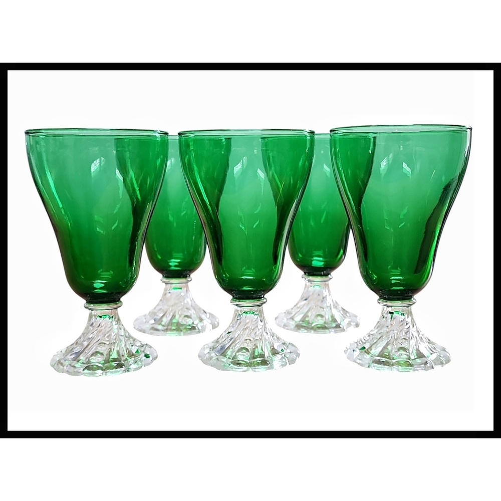 Set of 5 Anchor Hocking Boopie Burple Green Goblet Glasses Clear Bubble MCM